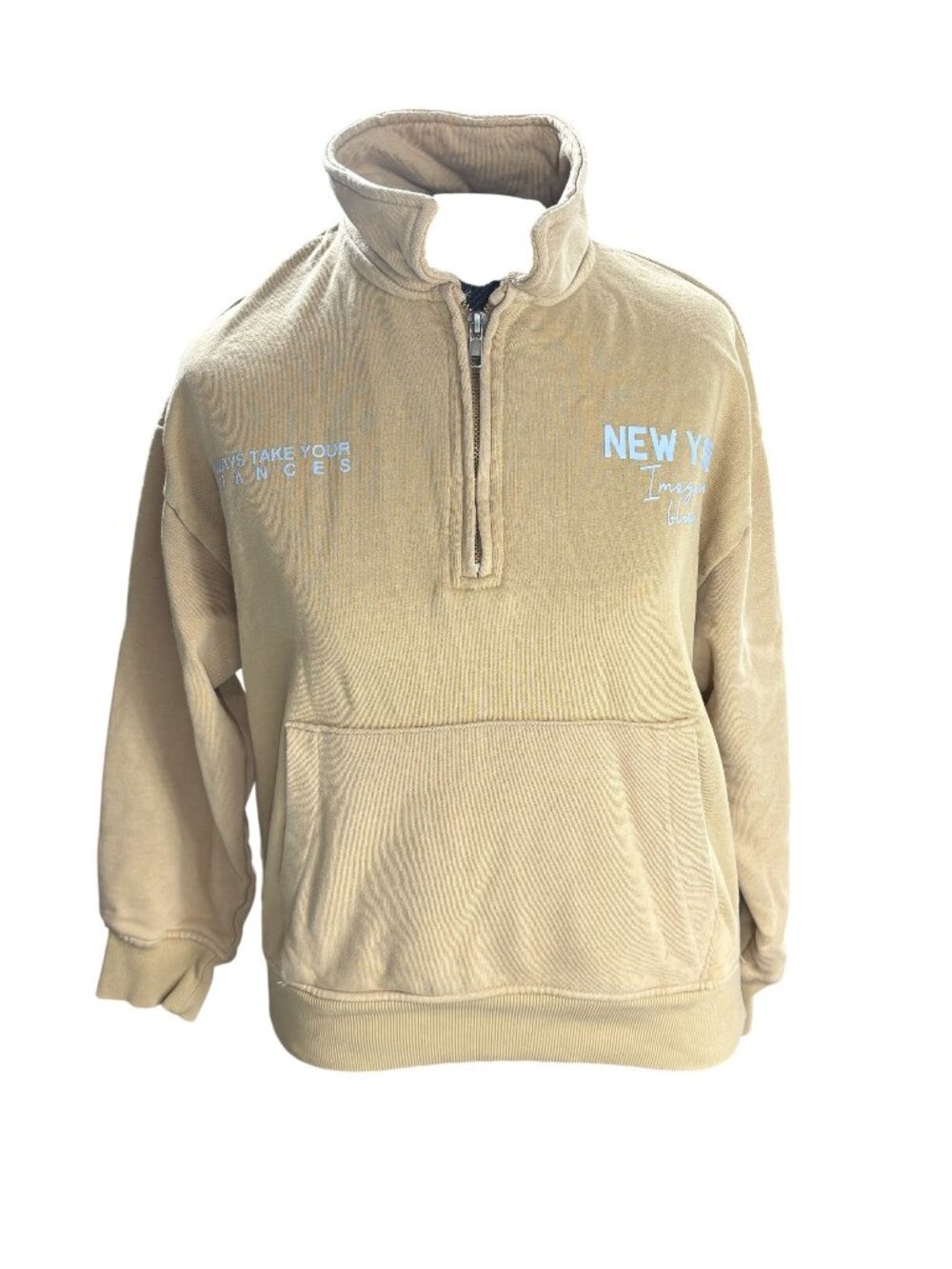 Zara Kids Beige Half-Zip Sweatshirt With New York Print Size 11-12 Cotton Blend